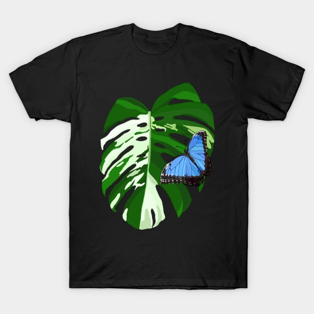 Blue Morpho Butterfly on a Monstera Albo Leaf T-Shirt by Tinker and Bone Studio